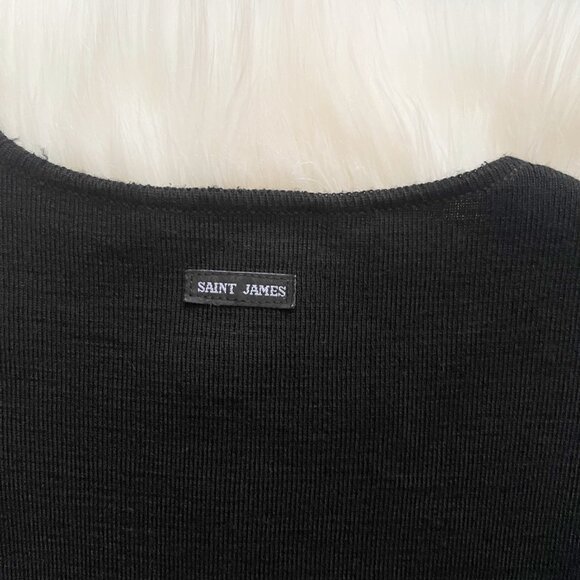 VTG Saint James Black Wool Knit Gold Button Shoulder Long Sleeve Mini Dress - Picture 7 of 10